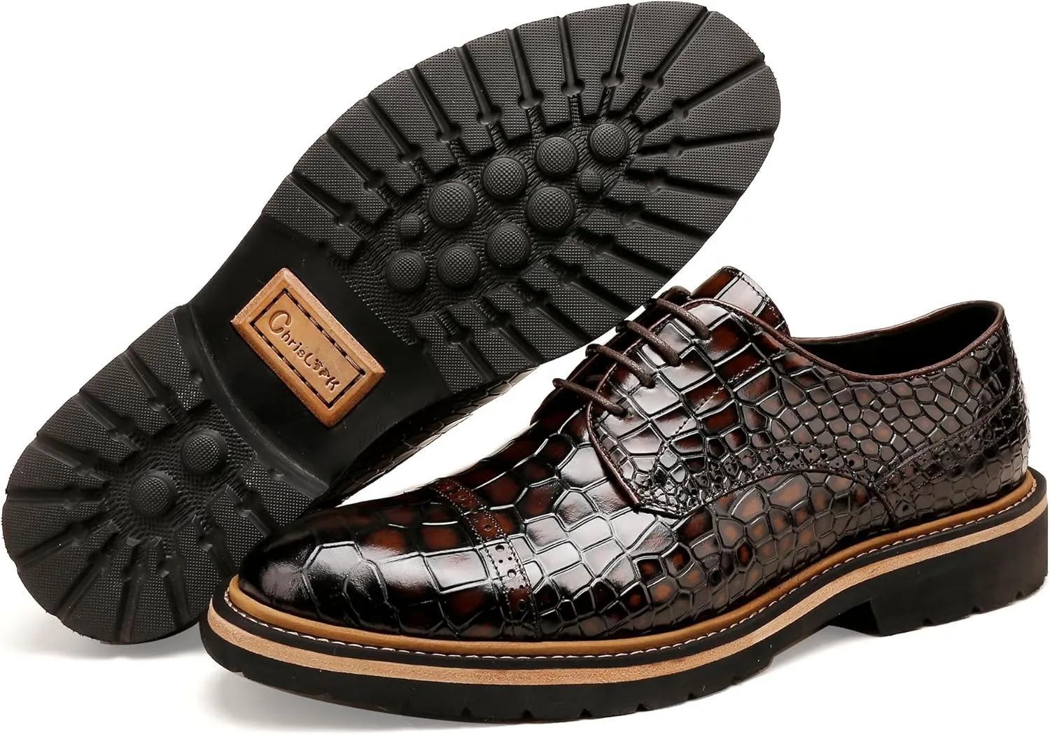 Loafers for Men,Leather Crocodile Pattern Oxfords Lace Up Business Formal Brogue Dress Shoes