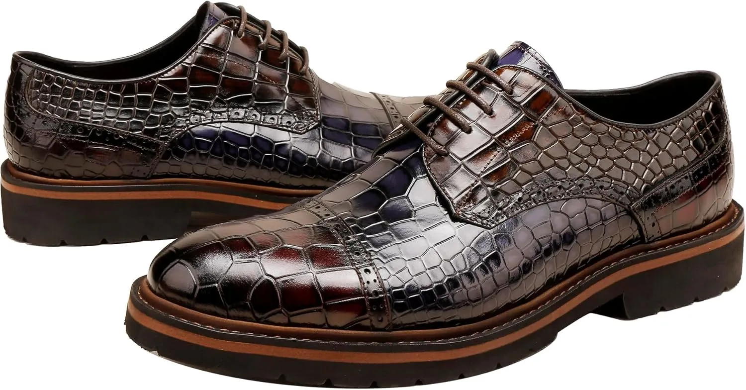 Loafers for Men,Leather Crocodile Pattern Oxfords Lace Up Business Formal Brogue Dress Shoes