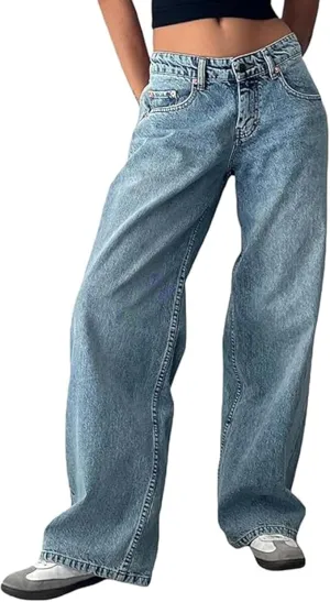Low Rise Baggy Jeans for Women y2k Straight Wide Leg Boyfriend Trendy Cute Jeans White Long Denim Pants