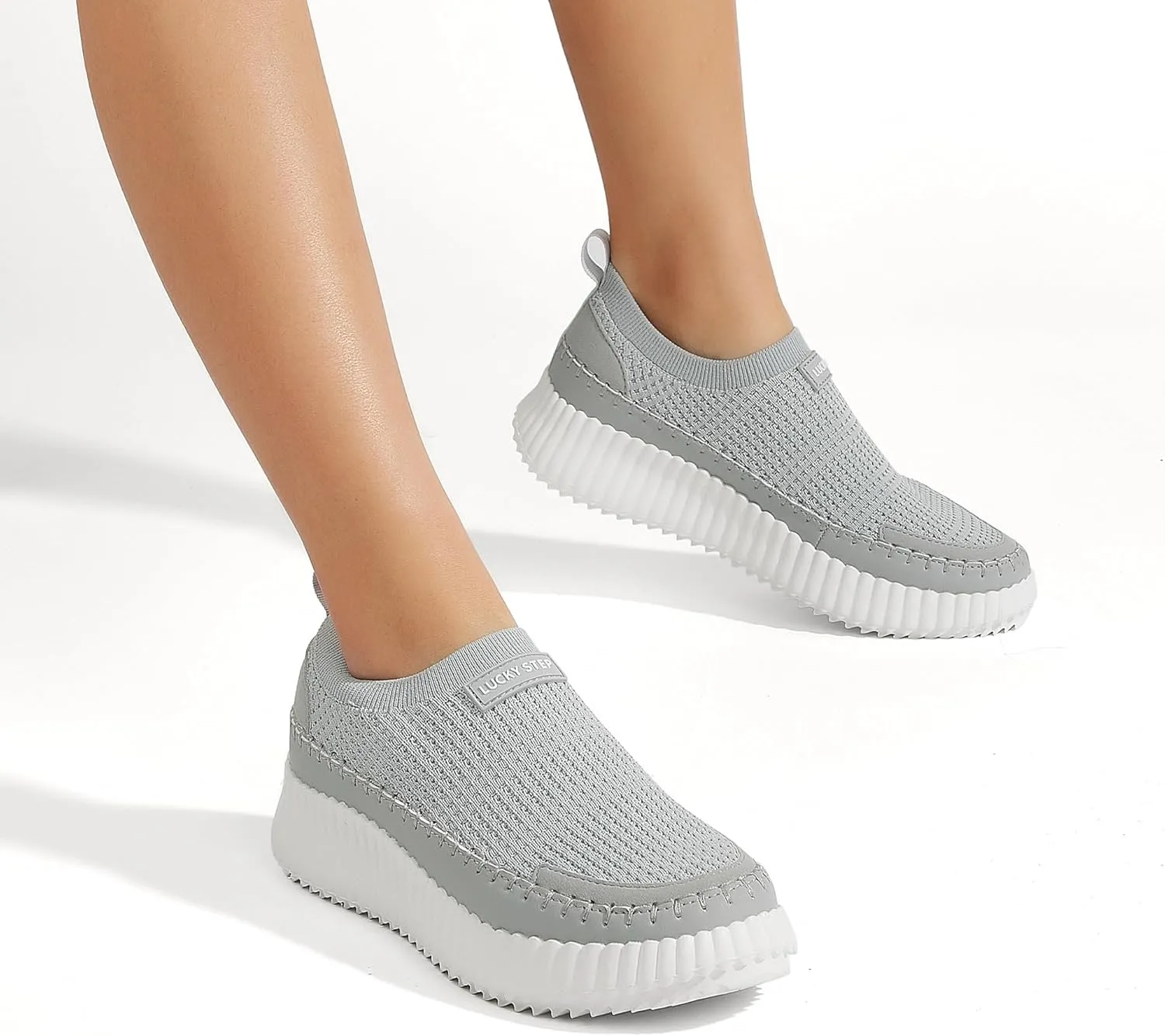 LUCKY STEP Platform Sneakers for Women Slip on Knit Chunky Fashion Casual Retro Braided Tennis Lightweight Walking Shoes