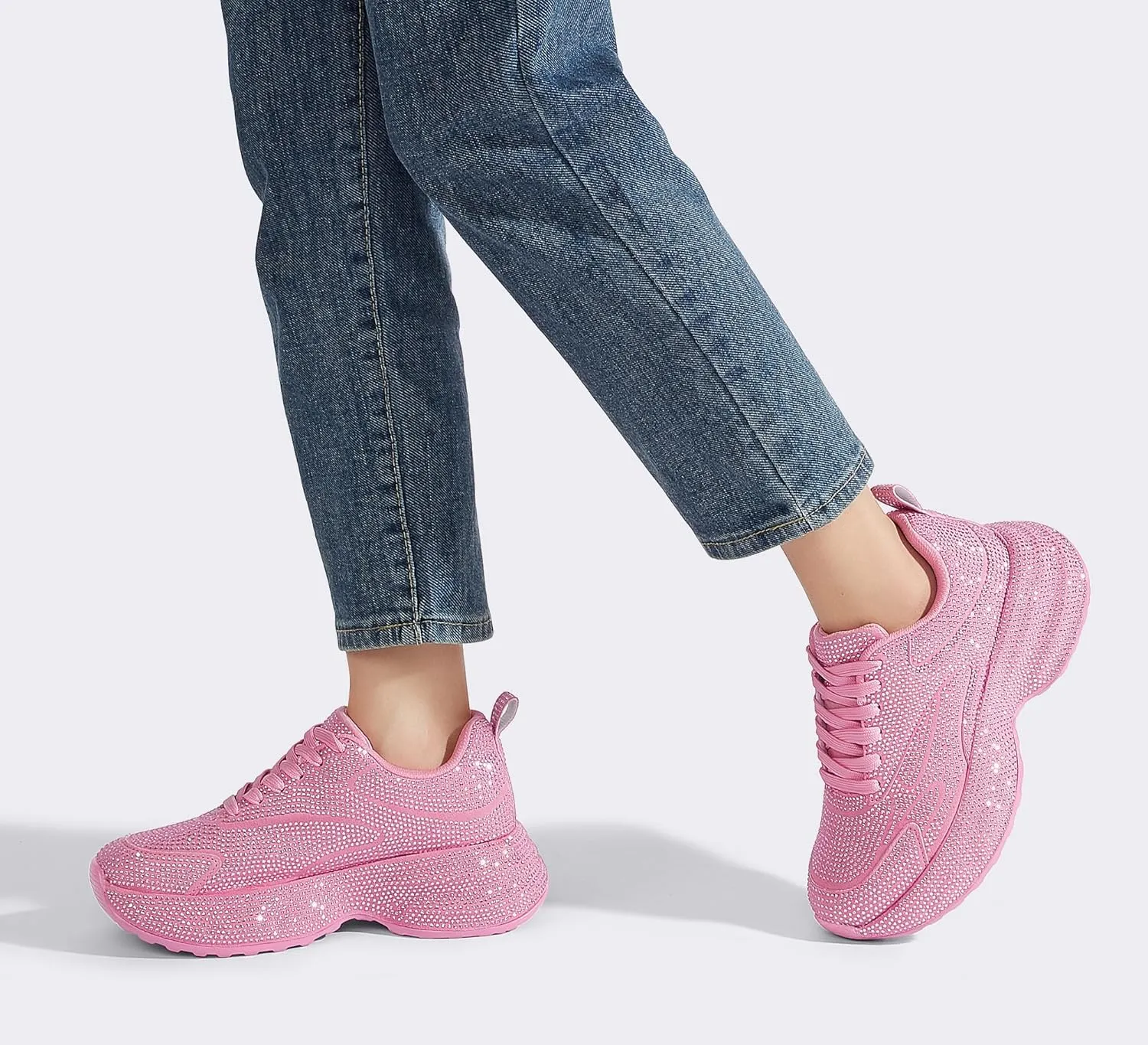 LUCKY STEP Rhinestone Chunky Sneakers for Women Fashion Platform Sparkly Dad Casual Shoes Lightweight Tennis Walking Sport Footwear