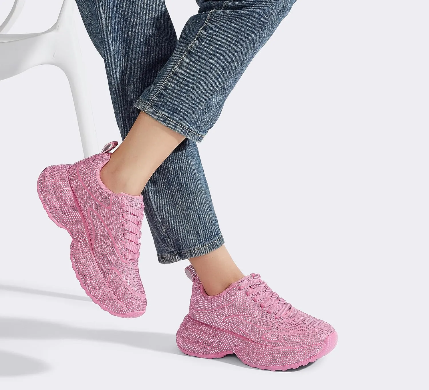 LUCKY STEP Rhinestone Chunky Sneakers for Women Fashion Platform Sparkly Dad Casual Shoes Lightweight Tennis Walking Sport Footwear