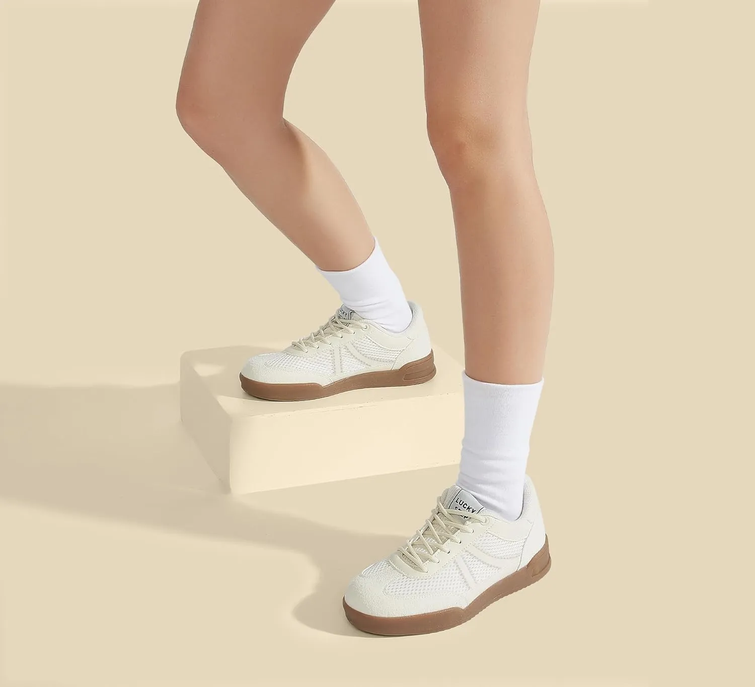 LUCKY STEP Women's Retro Fashion Sneakers Classic Mesh Gum Sole Tennis Footwear Casual Running Trainer Skate Walking Shoes