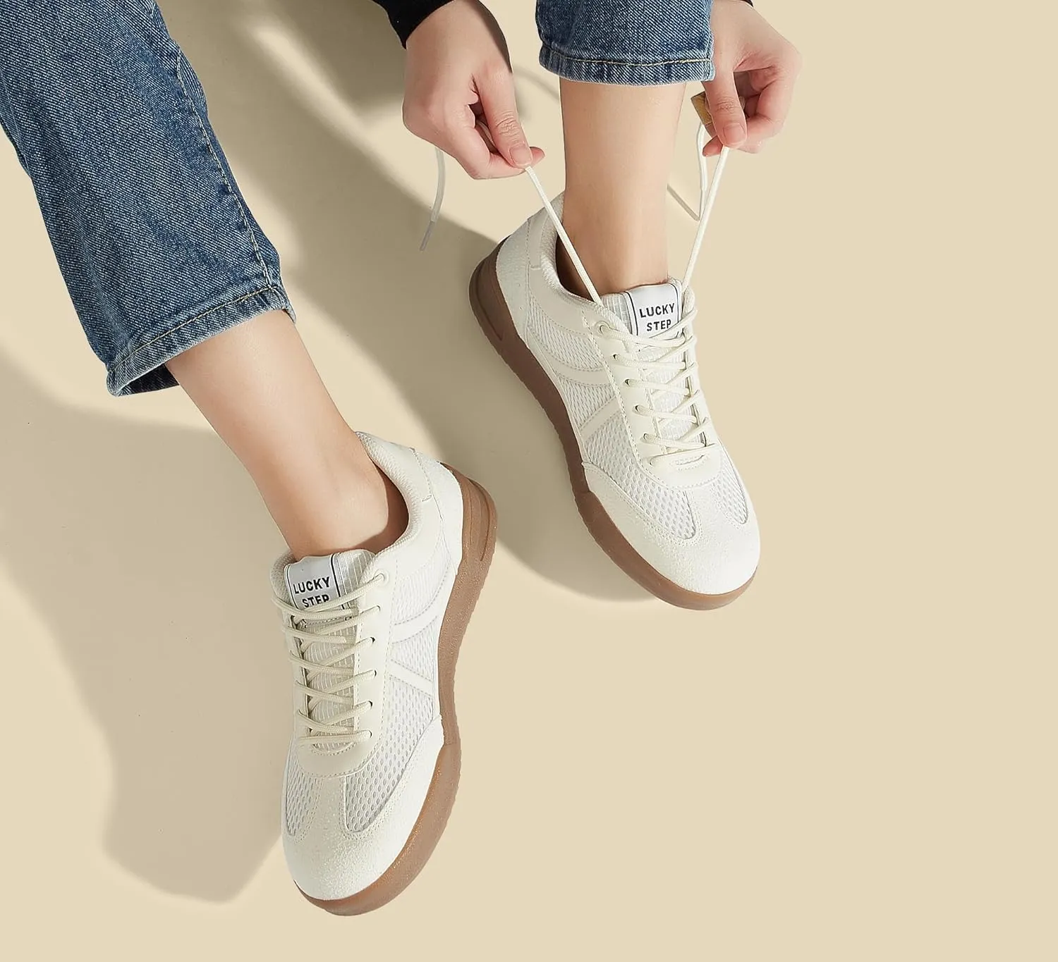 LUCKY STEP Women's Retro Fashion Sneakers Classic Mesh Gum Sole Tennis Footwear Casual Running Trainer Skate Walking Shoes