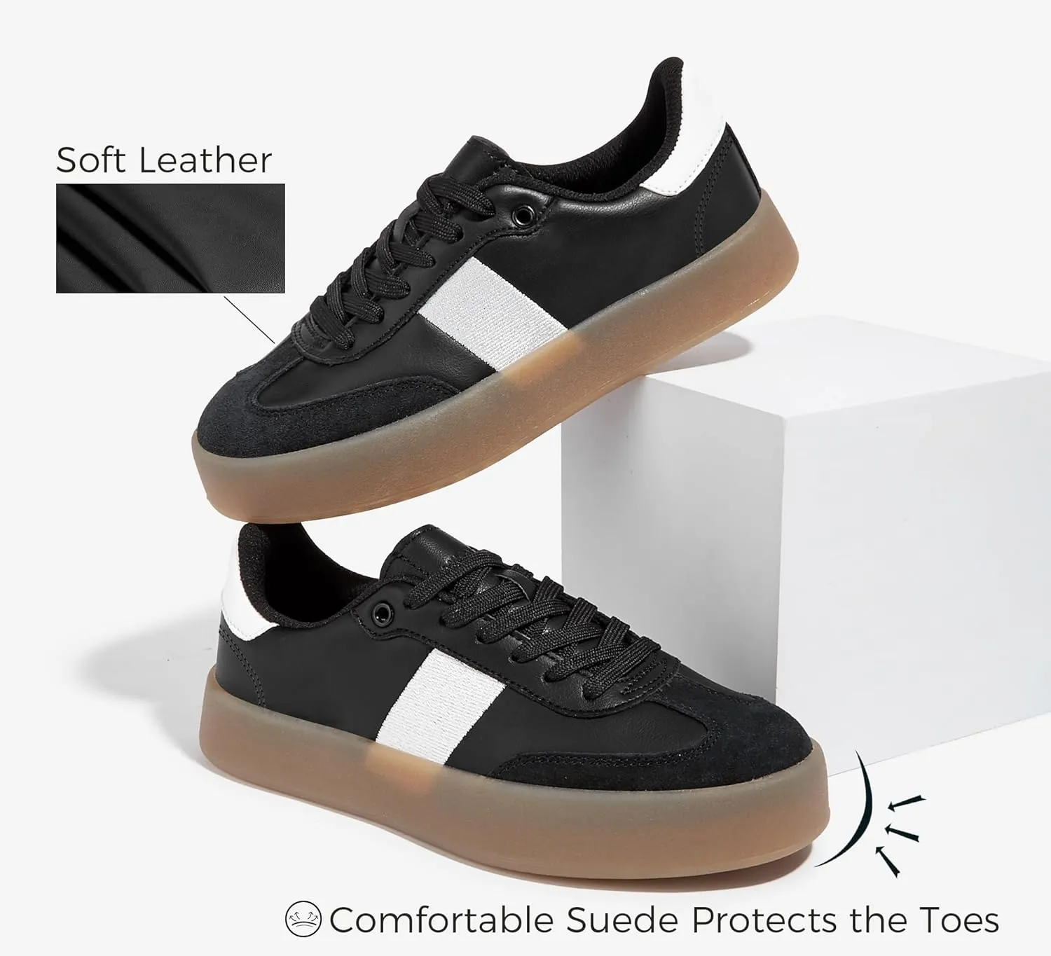 LUCKY STEP Women's Retro Sneakers Fashion Classic Casual Tennis Platform Gum Sole Anti Slip Footwear Faux Leather Trainers Walking Skate Shoes