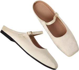 LUXINYU Retro Mules for Women Dressy Square Toe Backless Flat Mules with Strap Embroidered Satin Mary Jane Shoes