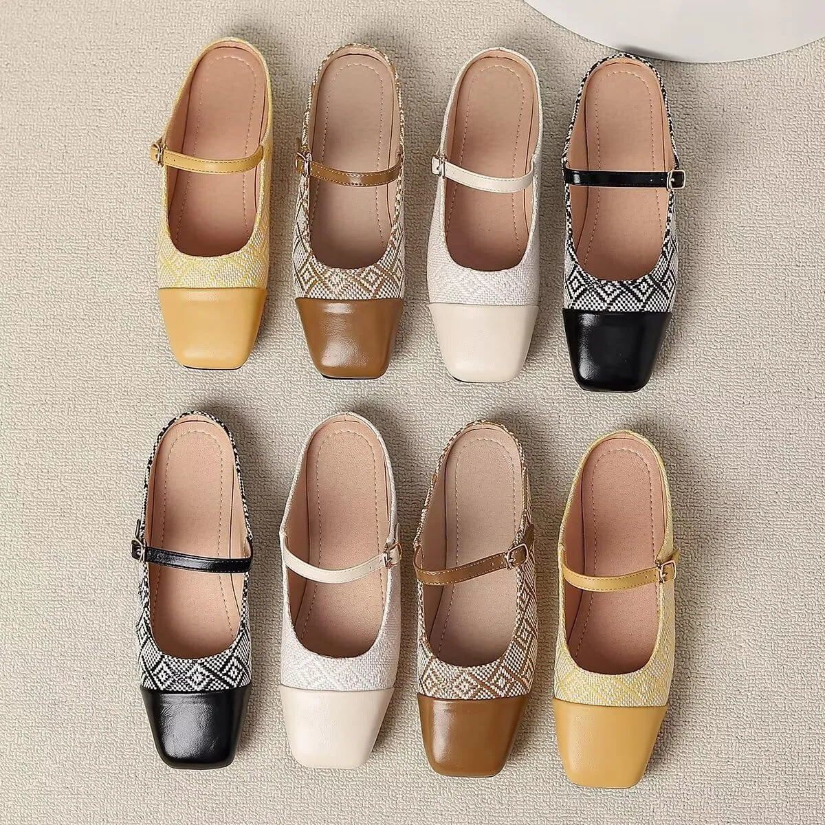 LUXINYU Retro Mules for Women Dressy Square Toe Backless Flat Mules with Strap Embroidered Satin Mary Jane Shoes
