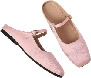LUXINYU Retro Mules for Women Dressy Square Toe Backless Flat Mules with Strap Embroidered Satin Mary Jane Shoes