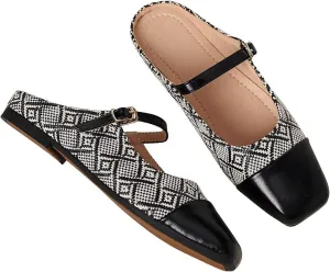 LUXINYU Retro Mules for Women Dressy Square Toe Backless Flat Mules with Strap Embroidered Satin Mary Jane Shoes