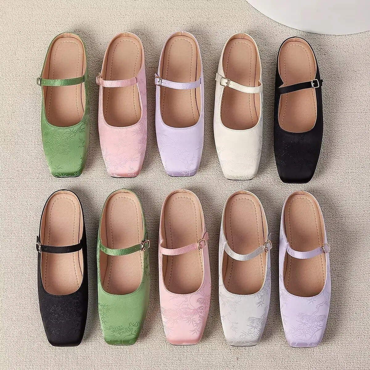 LUXINYU Retro Mules for Women Dressy Square Toe Backless Flat Mules with Strap Embroidered Satin Mary Jane Shoes