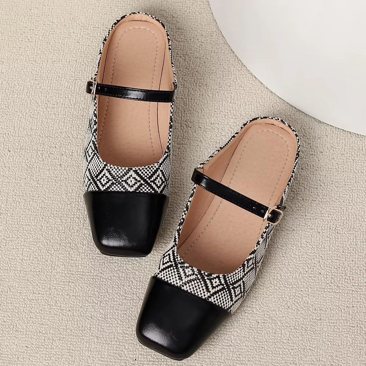 LUXINYU Retro Mules for Women Dressy Square Toe Backless Flat Mules with Strap Embroidered Satin Mary Jane Shoes