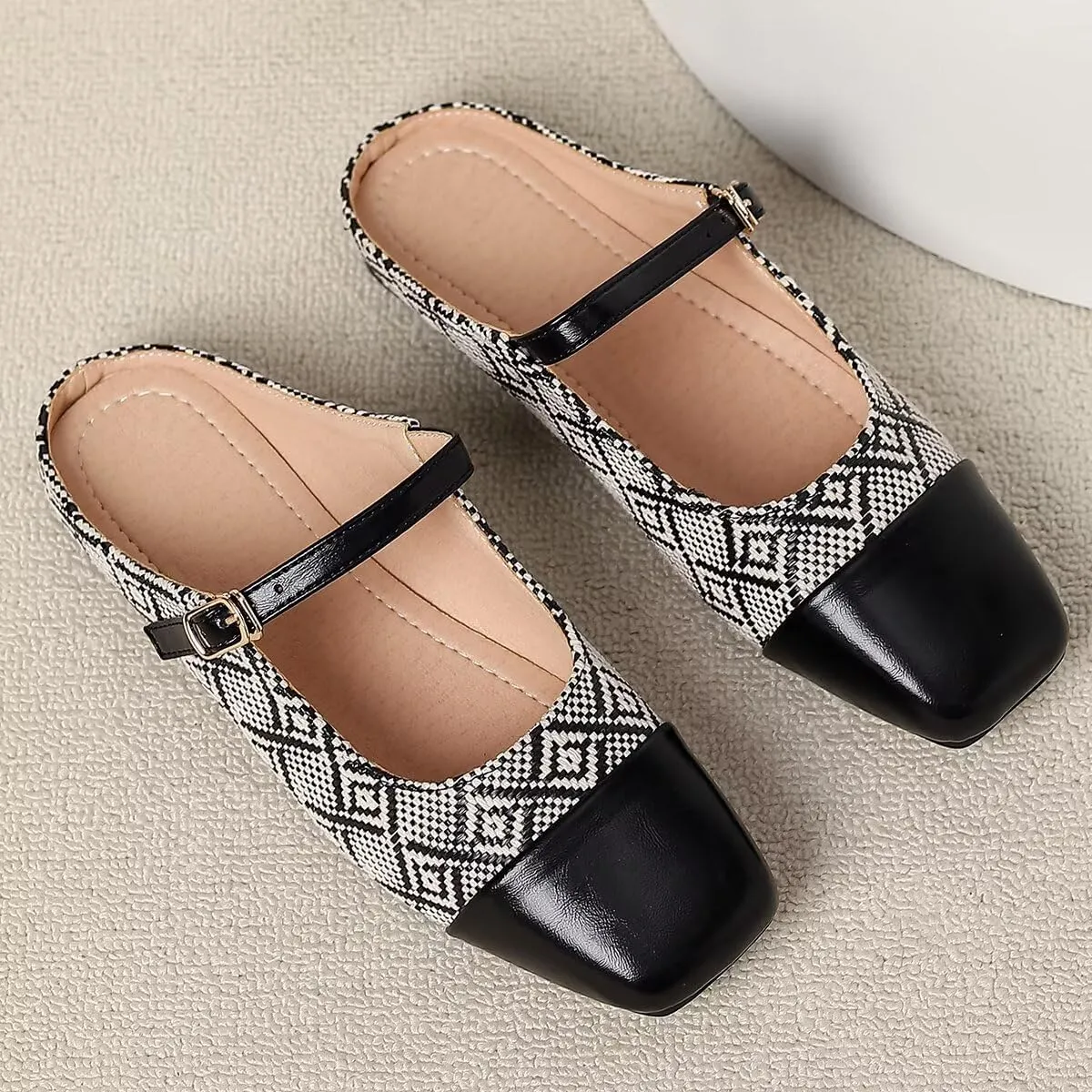 LUXINYU Retro Mules for Women Dressy Square Toe Backless Flat Mules with Strap Embroidered Satin Mary Jane Shoes