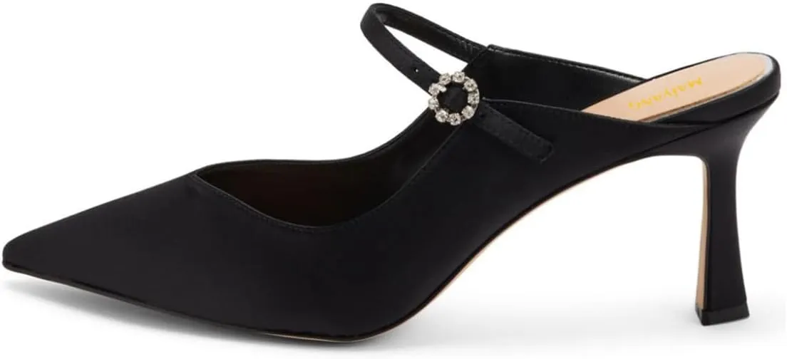Maiyang Women Crystal Buckle Pointed Toe Mules Satin Mid Heels Mary Jane Pumps Evening Dress Prom Slip on Shoes Size 4-16 US