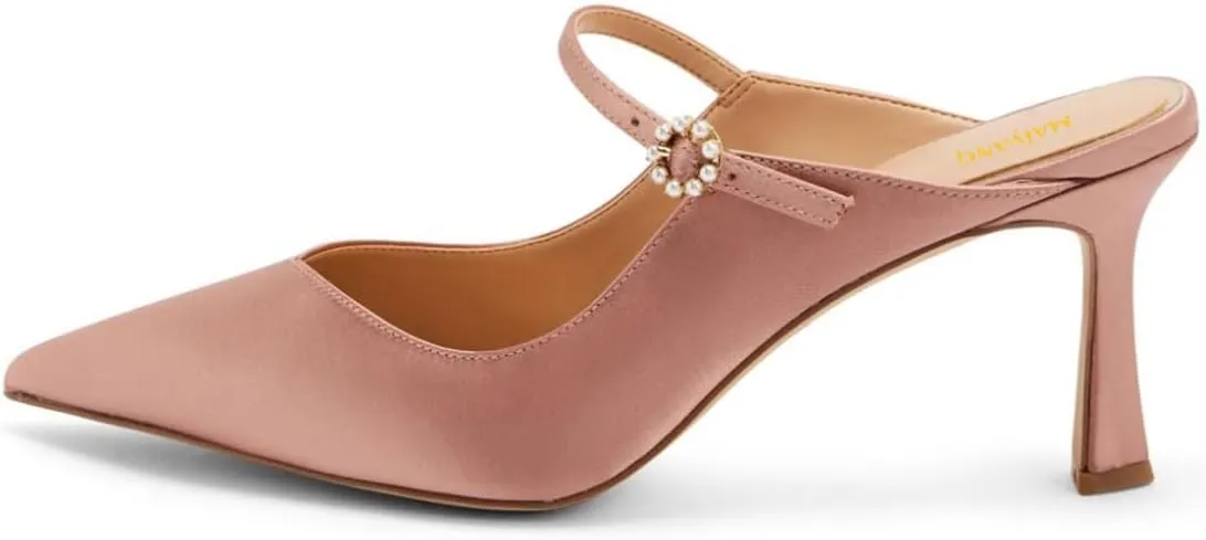 Maiyang Women Crystal Buckle Pointed Toe Mules Satin Mid Heels Mary Jane Pumps Evening Dress Prom Slip on Shoes Size 4-16 US