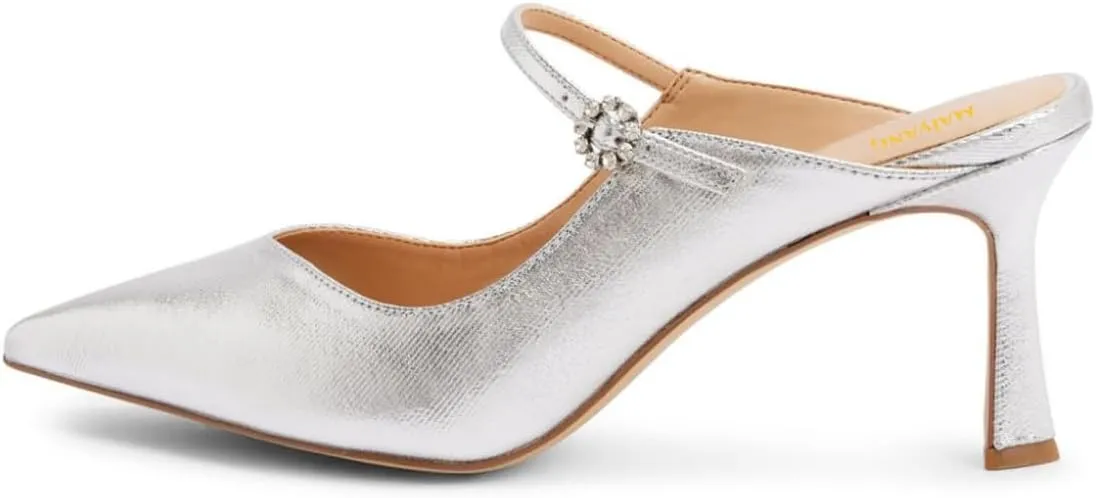 Maiyang Women Crystal Buckle Pointed Toe Mules Satin Mid Heels Mary Jane Pumps Evening Dress Prom Slip on Shoes Size 4-16 US