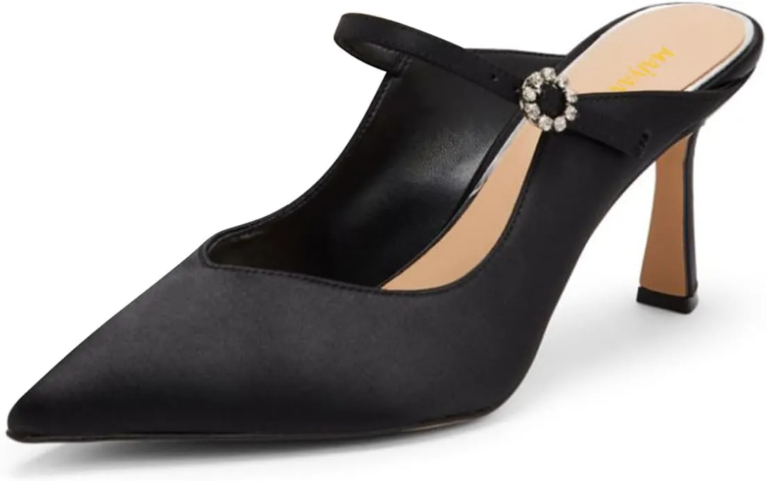 Maiyang Women Crystal Buckle Pointed Toe Mules Satin Mid Heels Mary Jane Pumps Evening Dress Prom Slip on Shoes Size 4-16 US