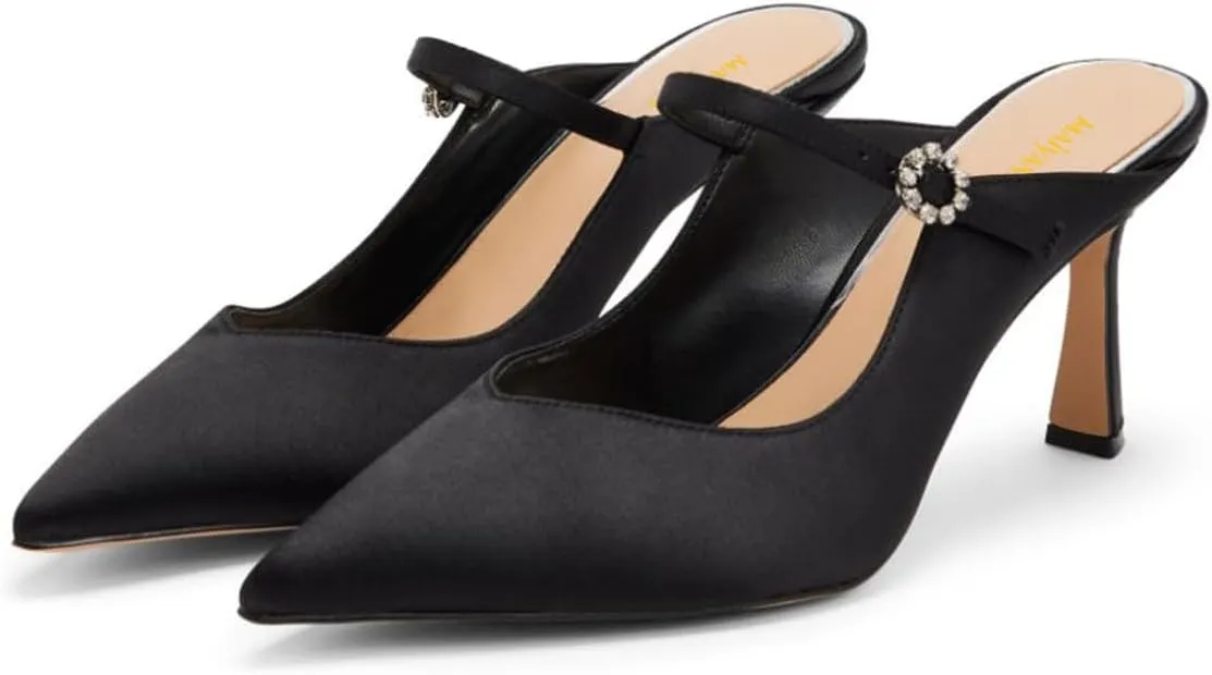 Maiyang Women Crystal Buckle Pointed Toe Mules Satin Mid Heels Mary Jane Pumps Evening Dress Prom Slip on Shoes Size 4-16 US