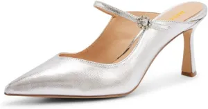 Maiyang Women Crystal Buckle Pointed Toe Mules Satin Mid Heels Mary Jane Pumps Evening Dress Prom Slip on Shoes Size 4-16 US