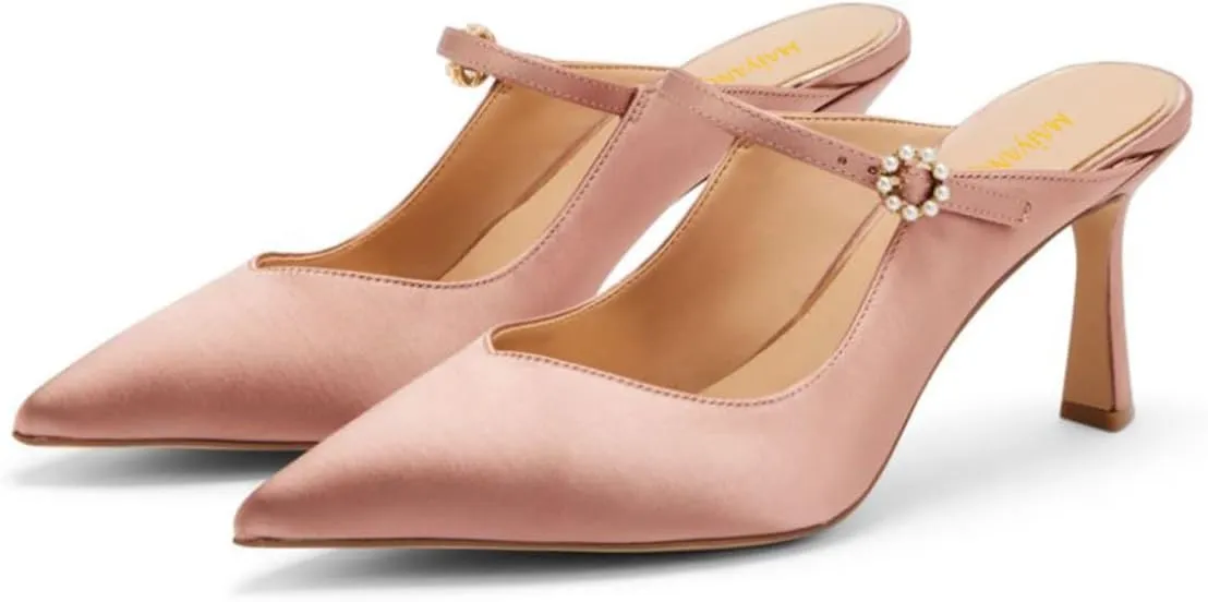 Maiyang Women Crystal Buckle Pointed Toe Mules Satin Mid Heels Mary Jane Pumps Evening Dress Prom Slip on Shoes Size 4-16 US