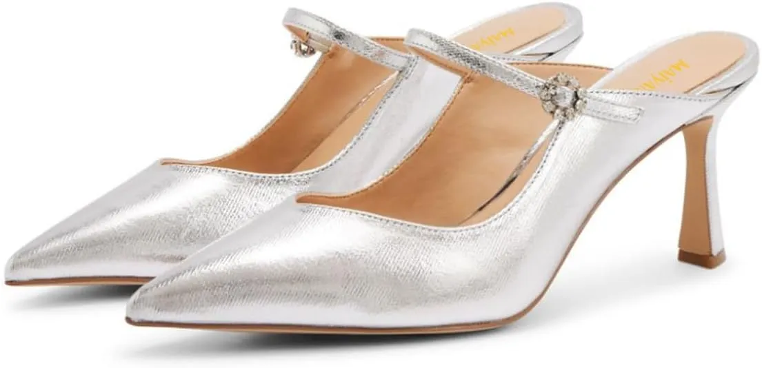 Maiyang Women Crystal Buckle Pointed Toe Mules Satin Mid Heels Mary Jane Pumps Evening Dress Prom Slip on Shoes Size 4-16 US