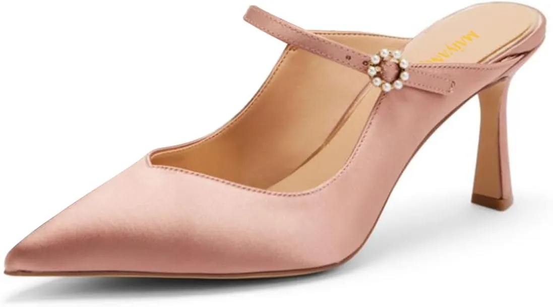 Maiyang Women Crystal Buckle Pointed Toe Mules Satin Mid Heels Mary Jane Pumps Evening Dress Prom Slip on Shoes Size 4-16 US