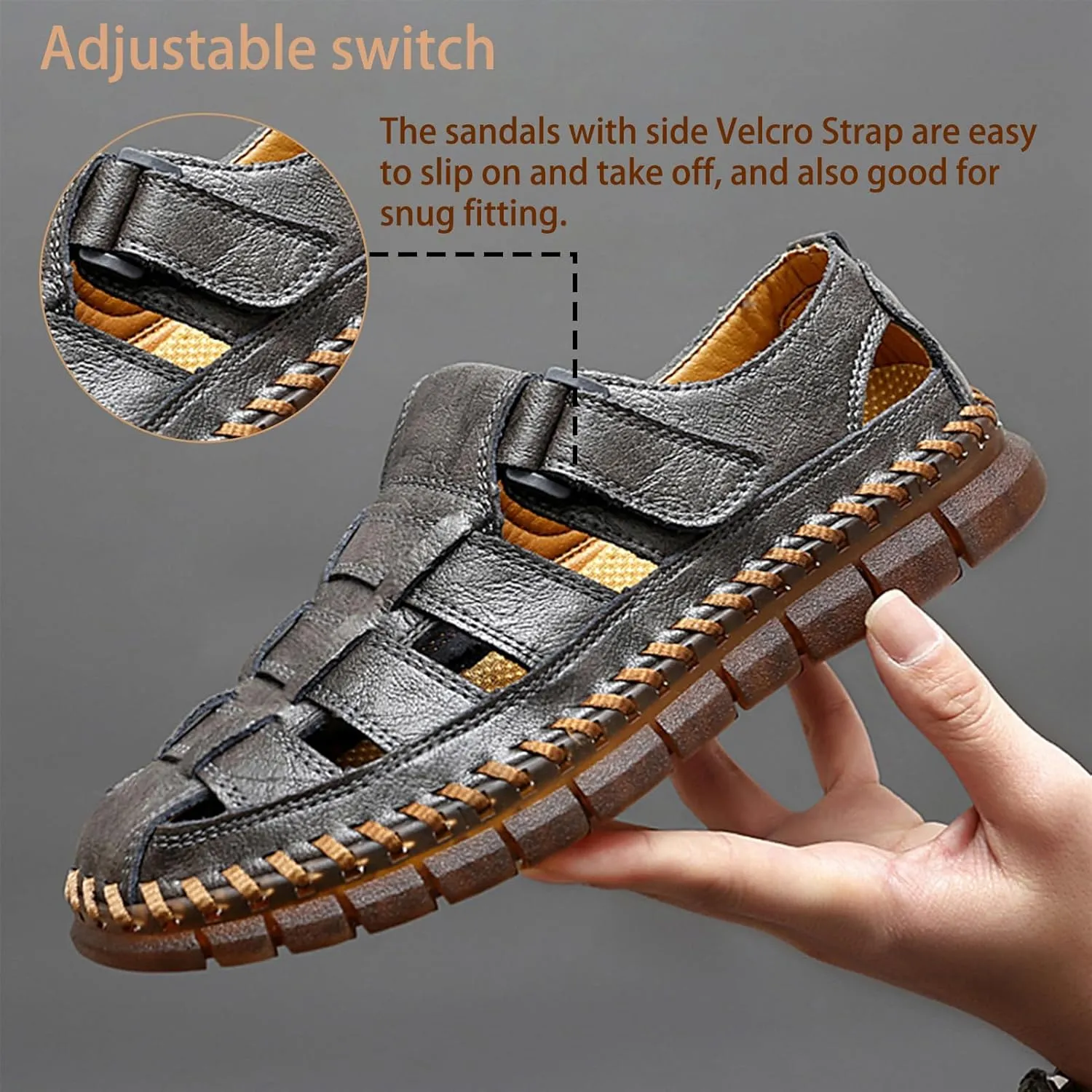 MAIZUN Men's Sandals Closed Toe Outdoor Leather Sandals Hiking Waterproof Athletic Fisherman Sandals Summer Adjustable Beach Water Sandals