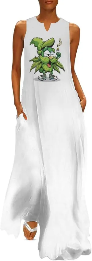 Marijuana Leaf Cartoon Women's Maxi Dress Summer Casual Loose Elegant Long Dress