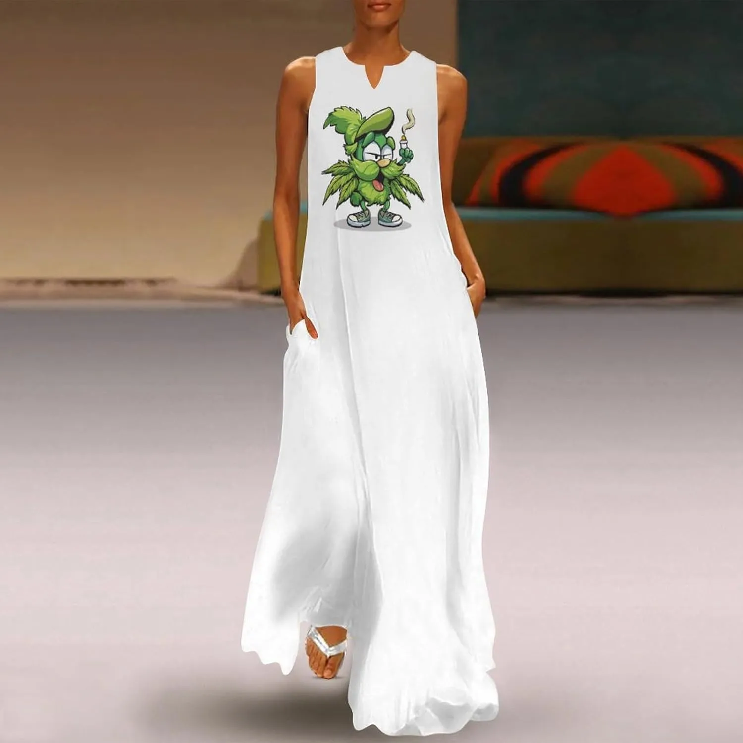 Marijuana Leaf Cartoon Women's Maxi Dress Summer Casual Loose Elegant Long Dress