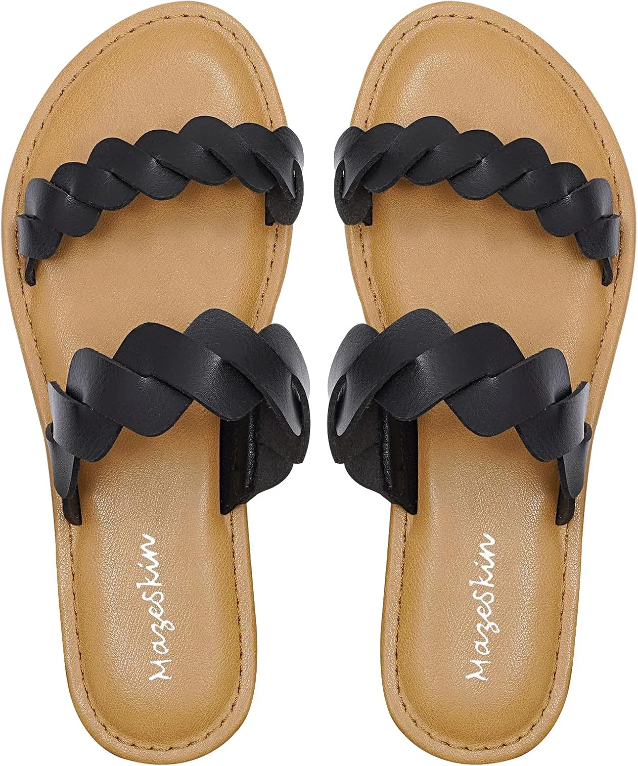 mazeskin Women's Memory Foam Two Braid Band Comfortable Summer Flat Slide Sandals