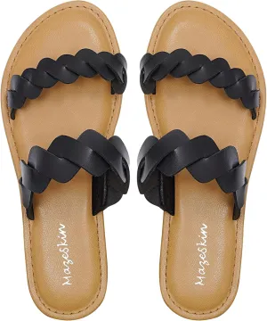 mazeskin Women's Memory Foam Two Braid Band Comfortable Summer Flat Slide Sandals