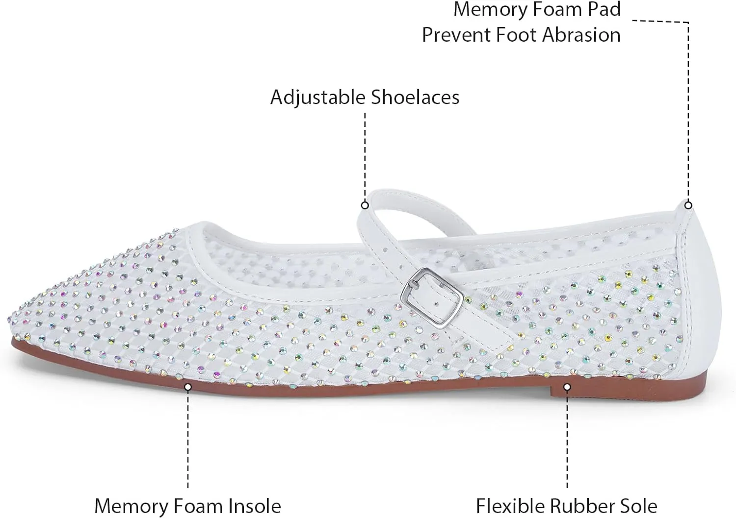 mazeskin Womens Mesh Memory Foam Ballet Flats Square Toe Shoes Ladies Comfortable Buckle Strap Ballerina Shoes with Rhinestone