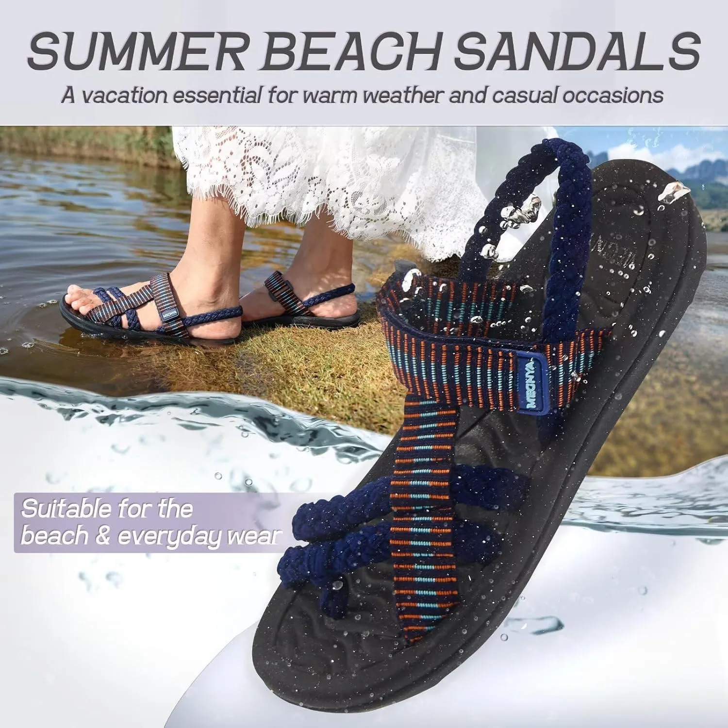 MEGNYA Comfortable Womens Hiking Sandals, Flip Flop Walking Sandals with Arch Support, Athletic Sandals with Hook and Loop Straps for Beach Vacation Adventure
