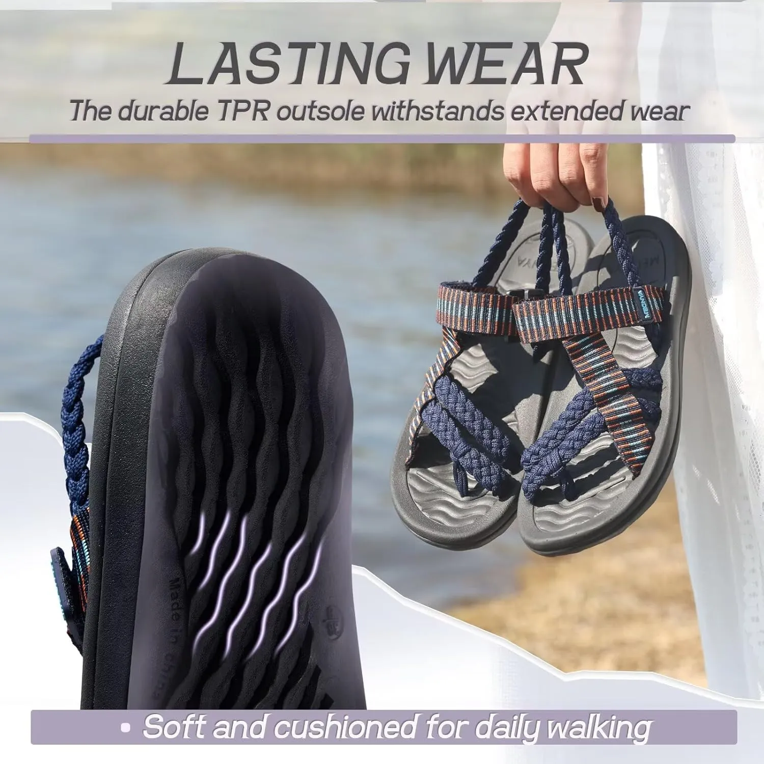 MEGNYA Comfortable Womens Hiking Sandals, Flip Flop Walking Sandals with Arch Support, Athletic Sandals with Hook and Loop Straps for Beach Vacation Adventure