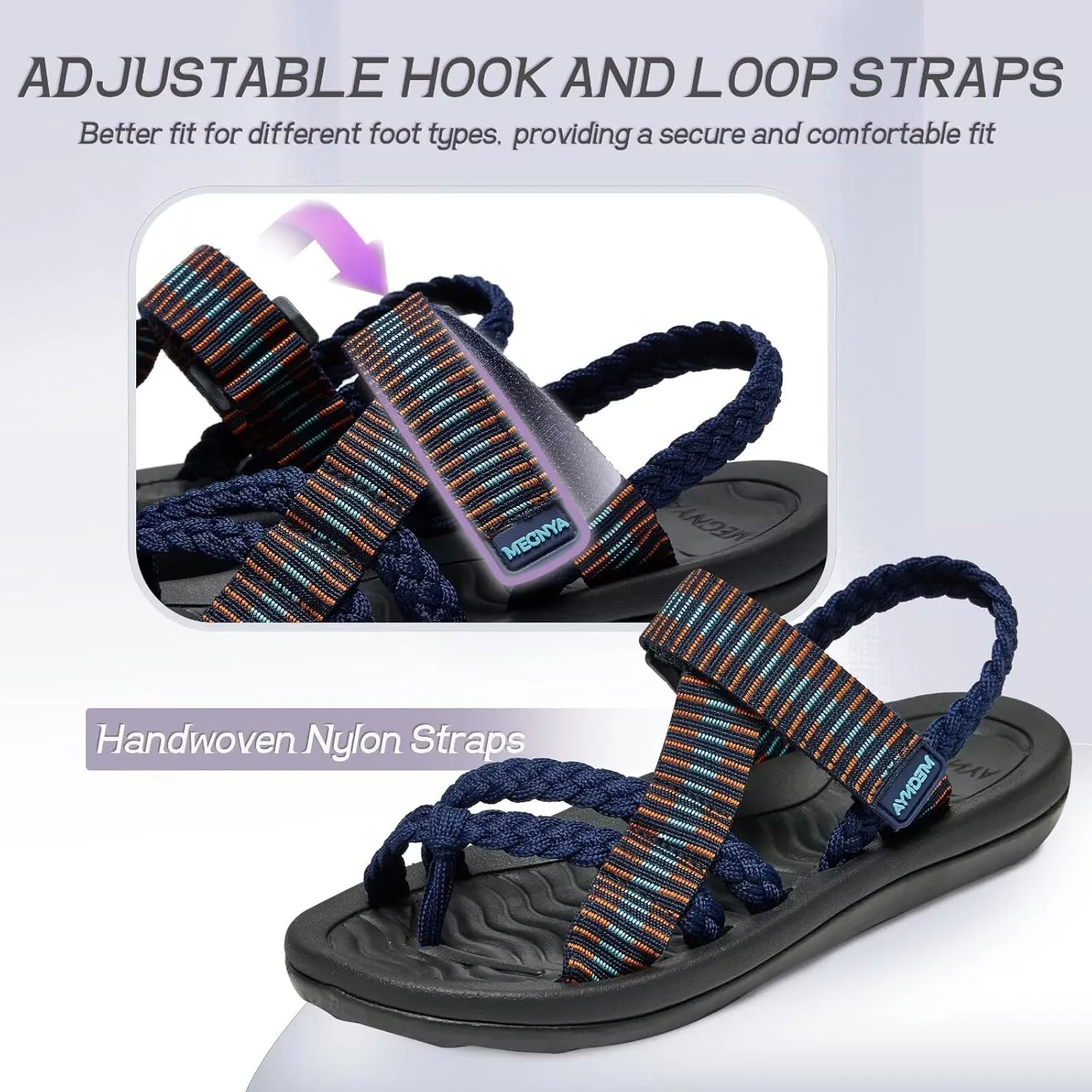 MEGNYA Comfortable Womens Hiking Sandals, Flip Flop Walking Sandals with Arch Support, Athletic Sandals with Hook and Loop Straps for Beach Vacation Adventure