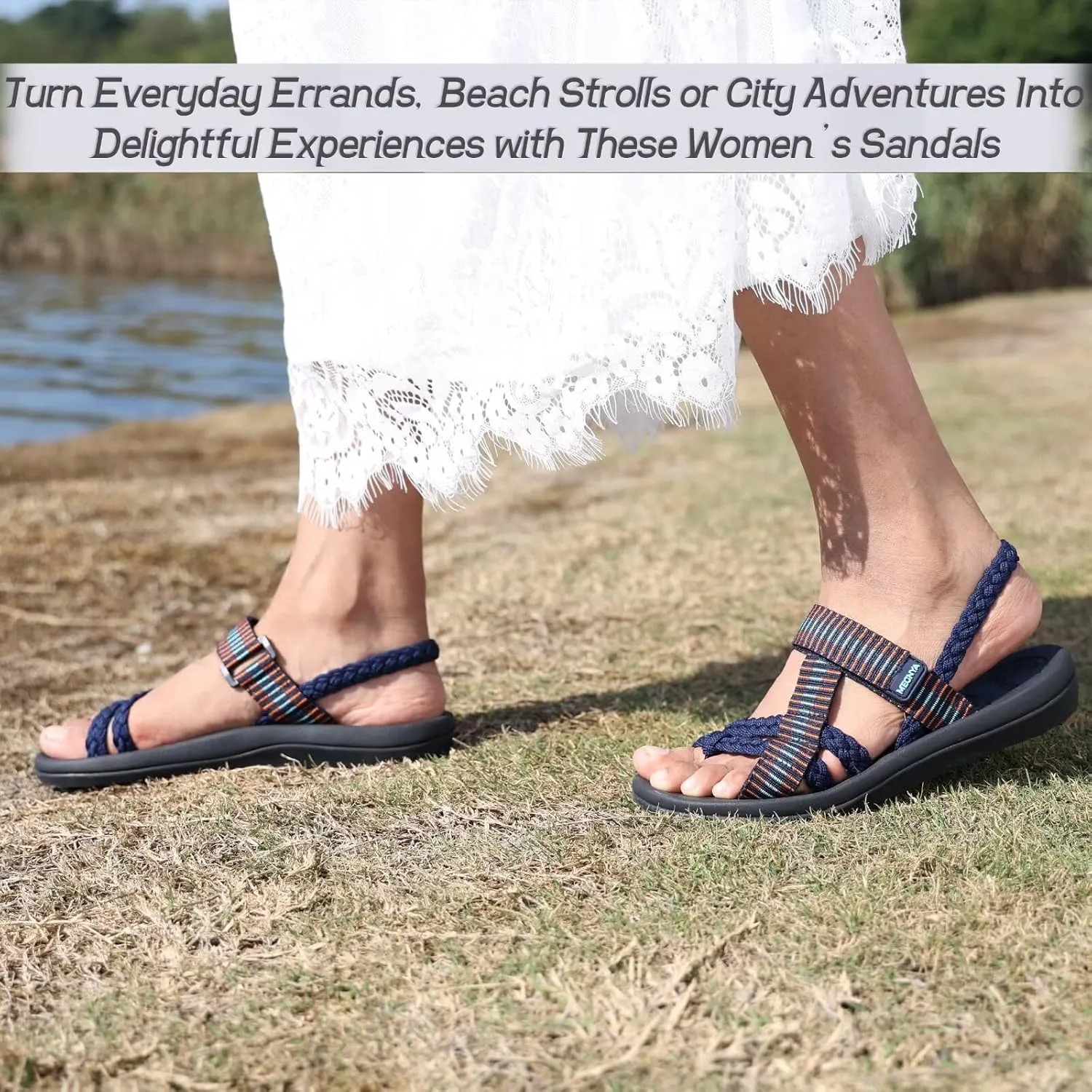 MEGNYA Comfortable Womens Hiking Sandals, Flip Flop Walking Sandals with Arch Support, Athletic Sandals with Hook and Loop Straps for Beach Vacation Adventure