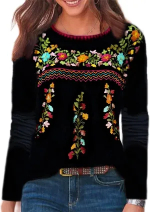 Melliflo Long Sleeve Mexican Shirts for Women Floral Embroidered Peasant Blouse Ethnic Style Boho T-Shirts
