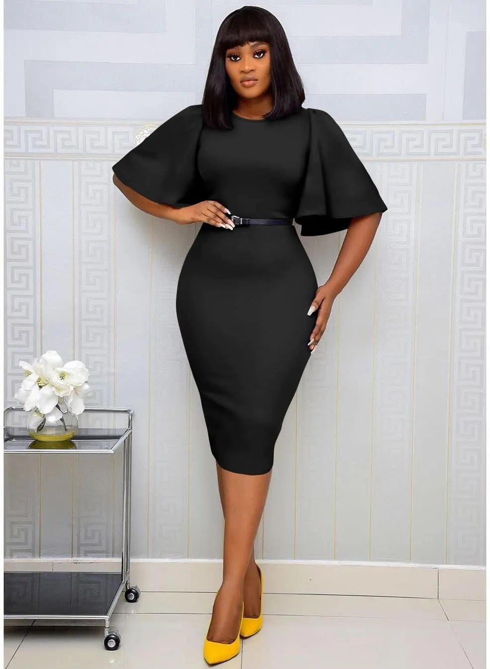 Memoriesea Women's Basic Bodycon Ruffle Flared Short Sleeve Pencil Midi Dress