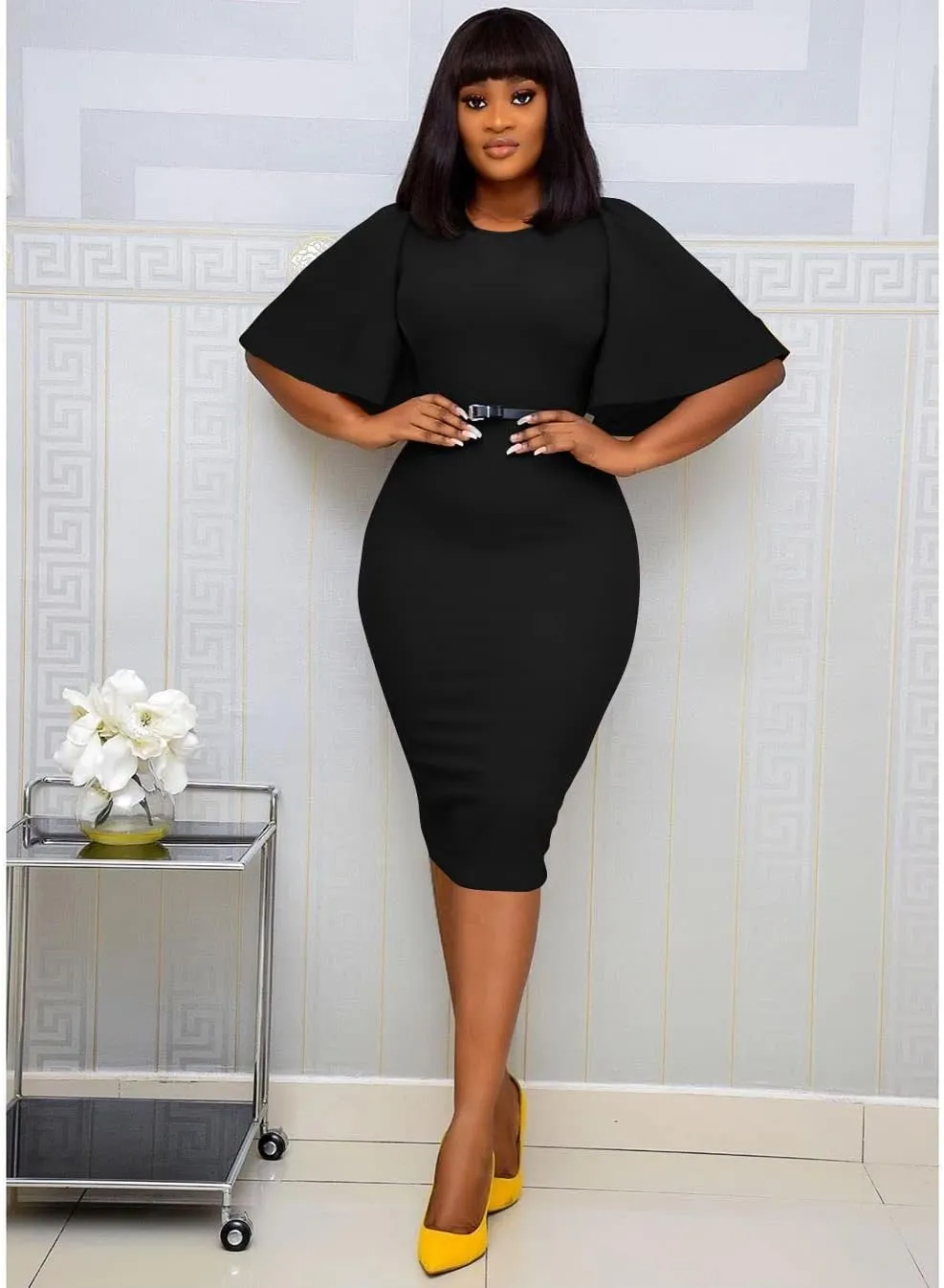 Memoriesea Women's Basic Bodycon Ruffle Flared Short Sleeve Pencil Midi Dress