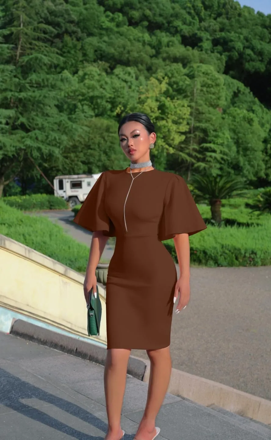 Memoriesea Women's Basic Bodycon Ruffle Flared Short Sleeve Pencil Midi Dress