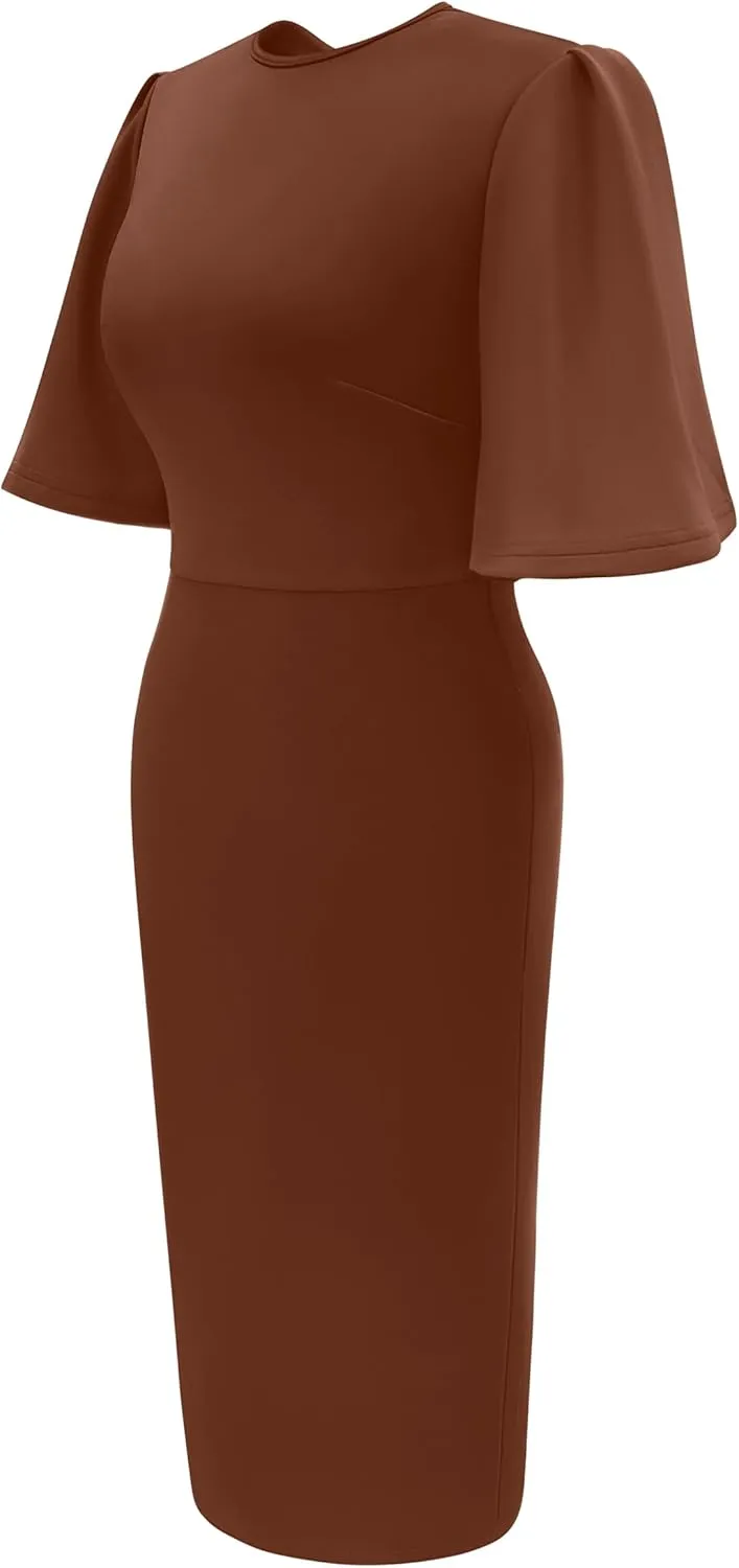 Memoriesea Women's Basic Bodycon Ruffle Flared Short Sleeve Pencil Midi Dress