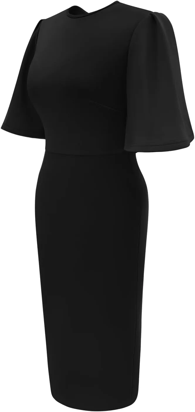 Memoriesea Women's Basic Bodycon Ruffle Flared Short Sleeve Pencil Midi Dress