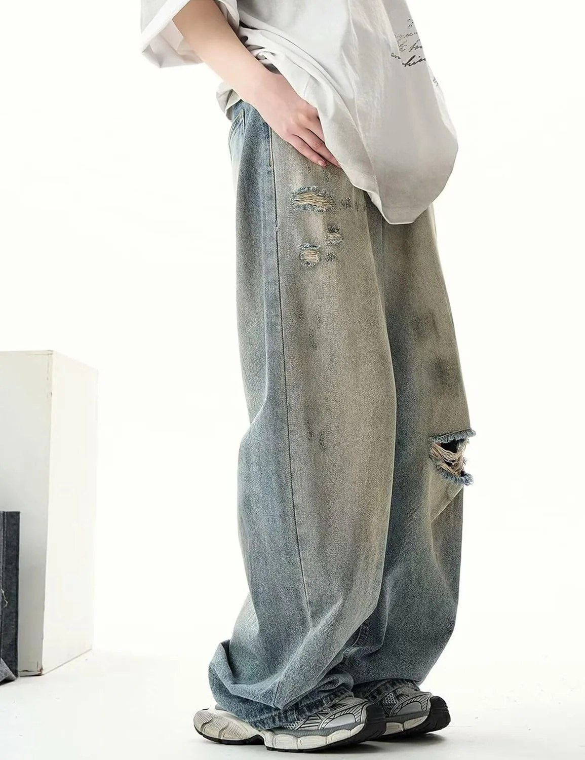 Men Baggy Jeans Y2k Straight Leg Ripped Jeans Vintage Boyfriends Distressed Jeans Wide Leg Denim Skater Pants