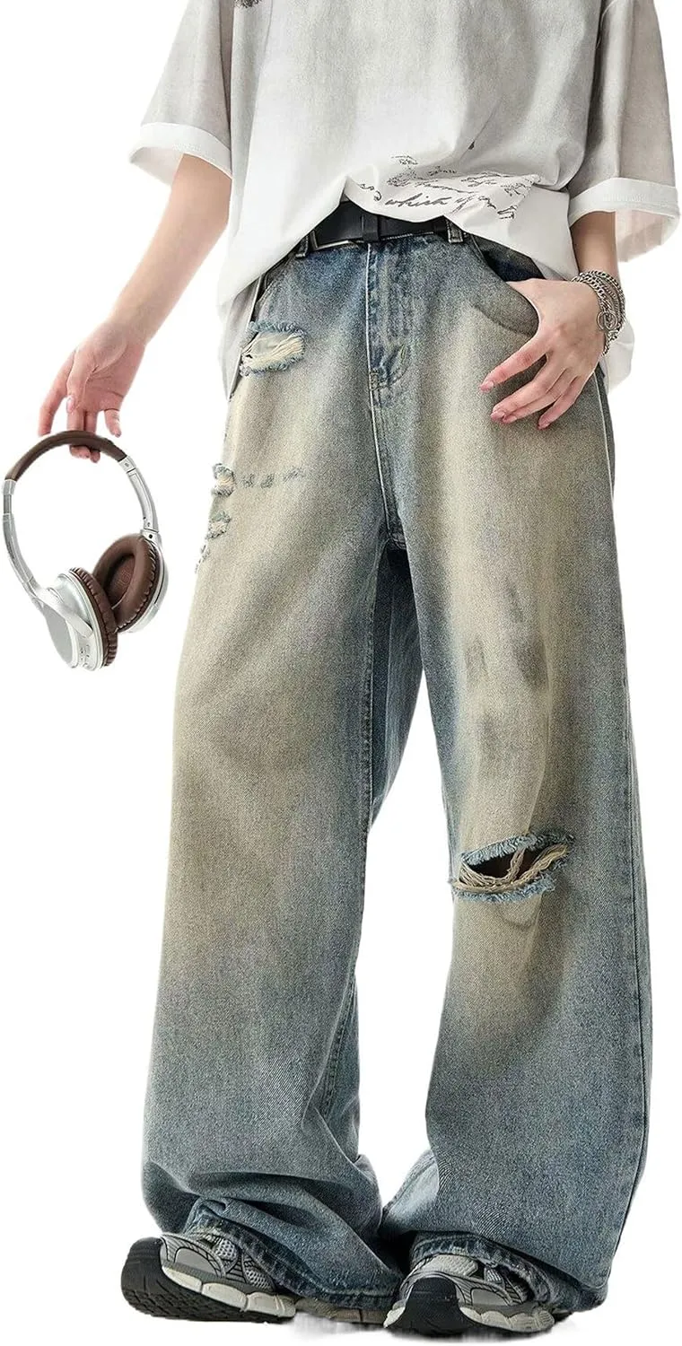 Men Baggy Jeans Y2k Straight Leg Ripped Jeans Vintage Boyfriends Distressed Jeans Wide Leg Denim Skater Pants