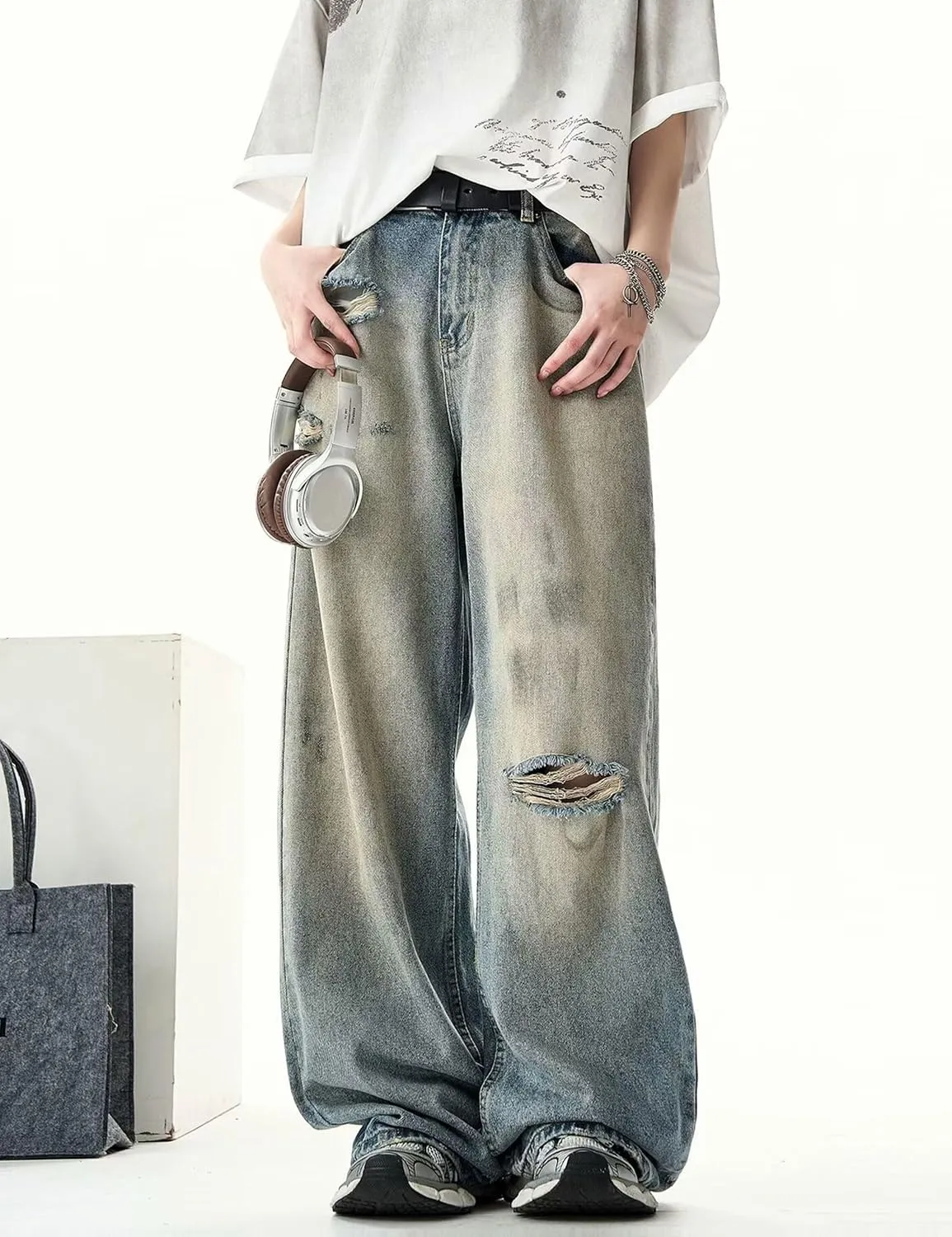 Men Baggy Jeans Y2k Straight Leg Ripped Jeans Vintage Boyfriends Distressed Jeans Wide Leg Denim Skater Pants