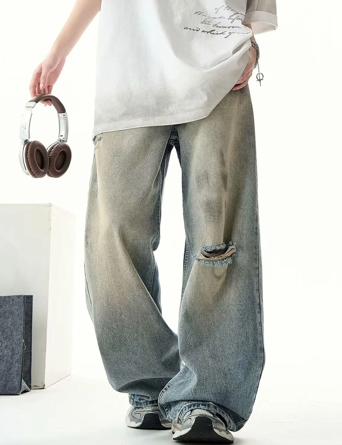Men Baggy Jeans Y2k Straight Leg Ripped Jeans Vintage Boyfriends Distressed Jeans Wide Leg Denim Skater Pants