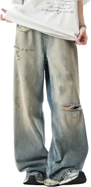 Men Baggy Jeans Y2k Straight Leg Ripped Jeans Vintage Boyfriends Distressed Jeans Wide Leg Denim Skater Pants