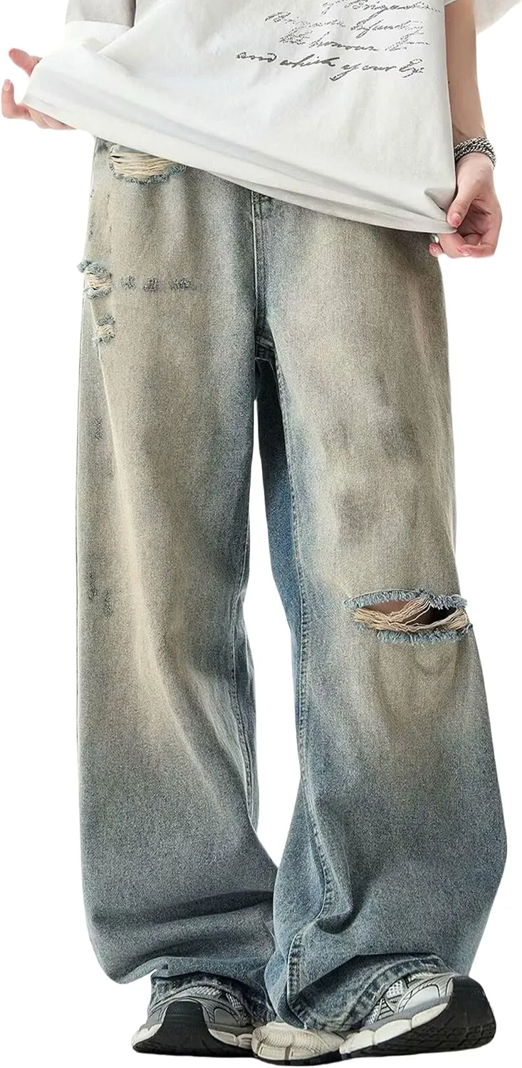 Men Baggy Jeans Y2k Straight Leg Ripped Jeans Vintage Boyfriends Distressed Jeans Wide Leg Denim Skater Pants