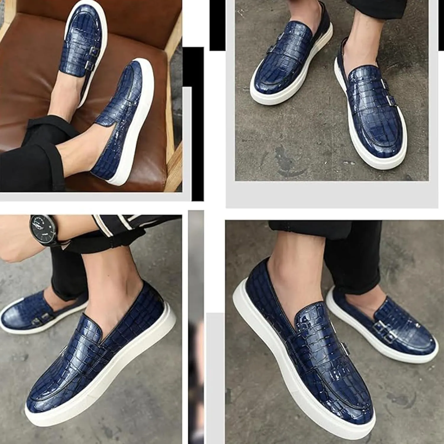 Men Crocodile Print Double Monk Strap Slip On Loafers Fashionable Patent Leather Classic Oxford Formal Business Shoes Comfortable Dress Shoes