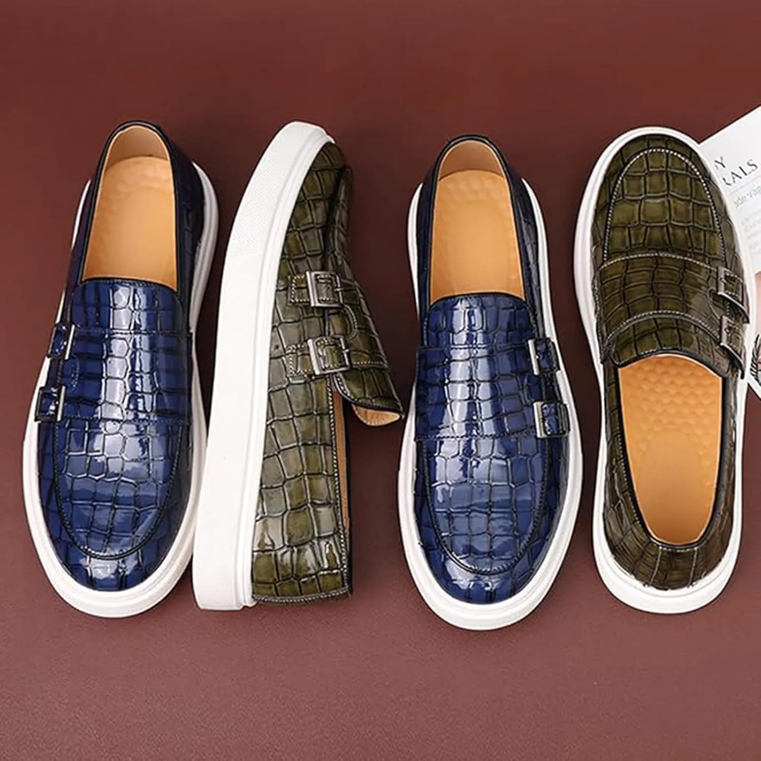 Men Crocodile Print Double Monk Strap Slip On Loafers Fashionable Patent Leather Classic Oxford Formal Business Shoes Comfortable Dress Shoes