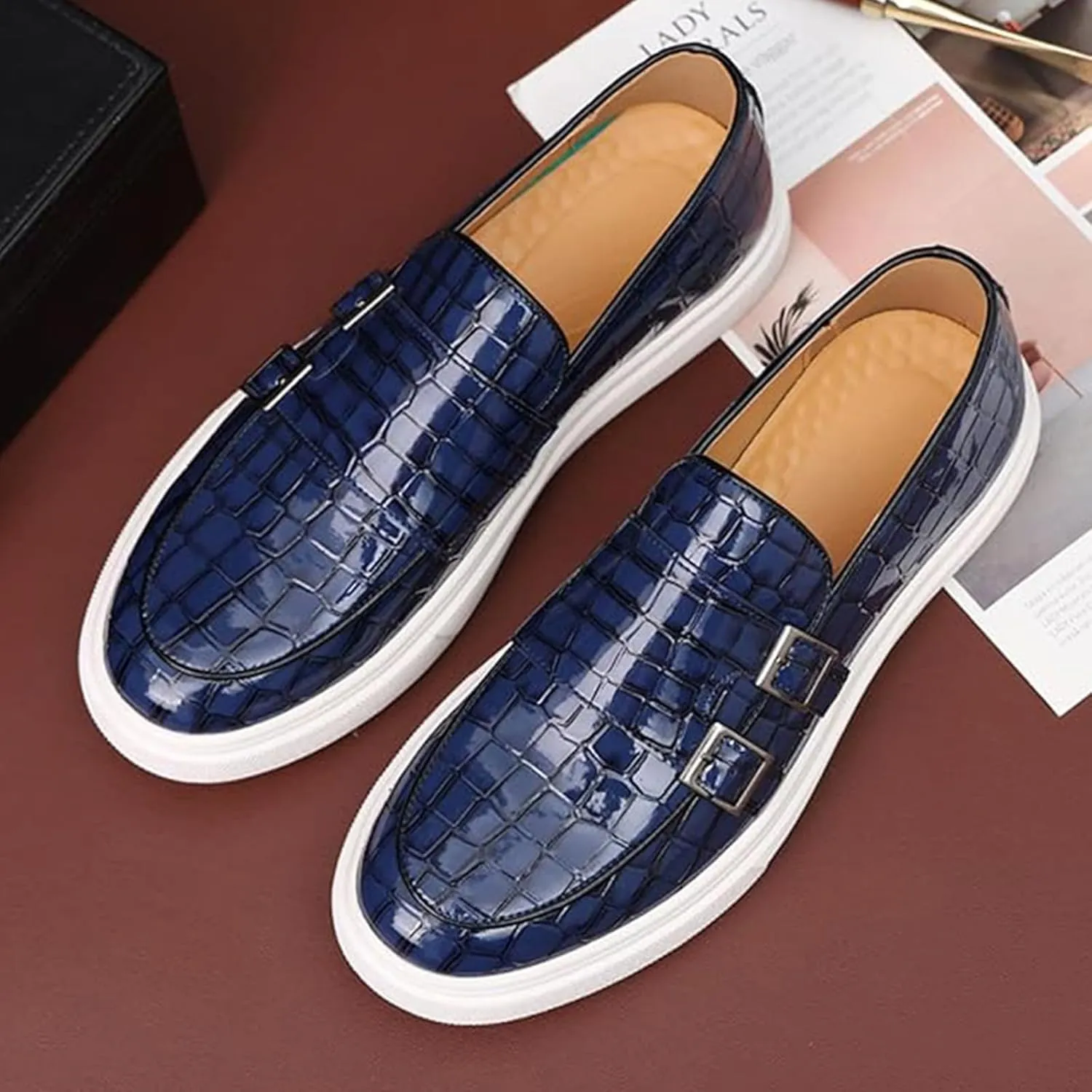 Men Crocodile Print Double Monk Strap Slip On Loafers Fashionable Patent Leather Classic Oxford Formal Business Shoes Comfortable Dress Shoes